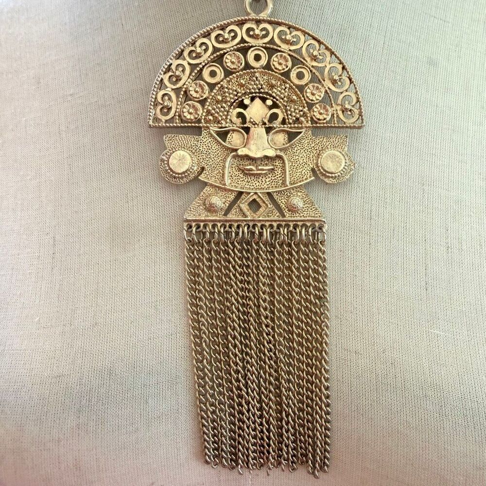 Vintage Inca Mask Pendant Necklace Gold Tone Fringe Tassel Statement